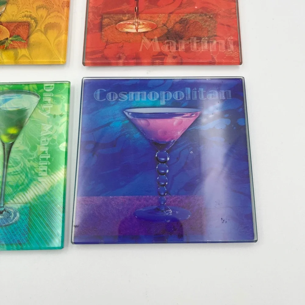 Cocktail Coasters Set of 4, Mojito Martini Cosmopolitan Appletini Drinks Barware